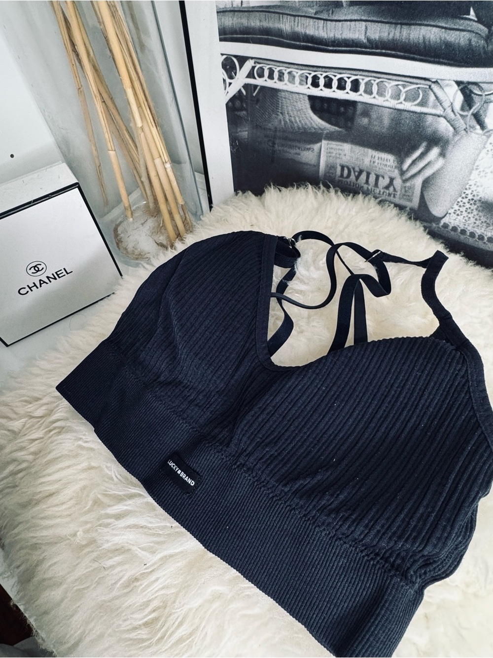 Black Ribbed Tie-Back Bralette Top -